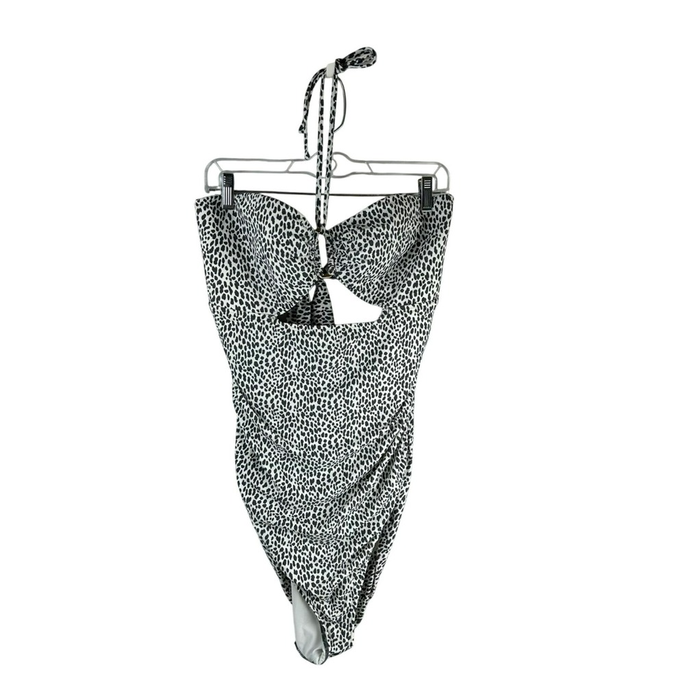 Loft Beach One Piece Halter Swimsuit Women 16 Gray White Animal Print Cutouts - Picture 2 of 12